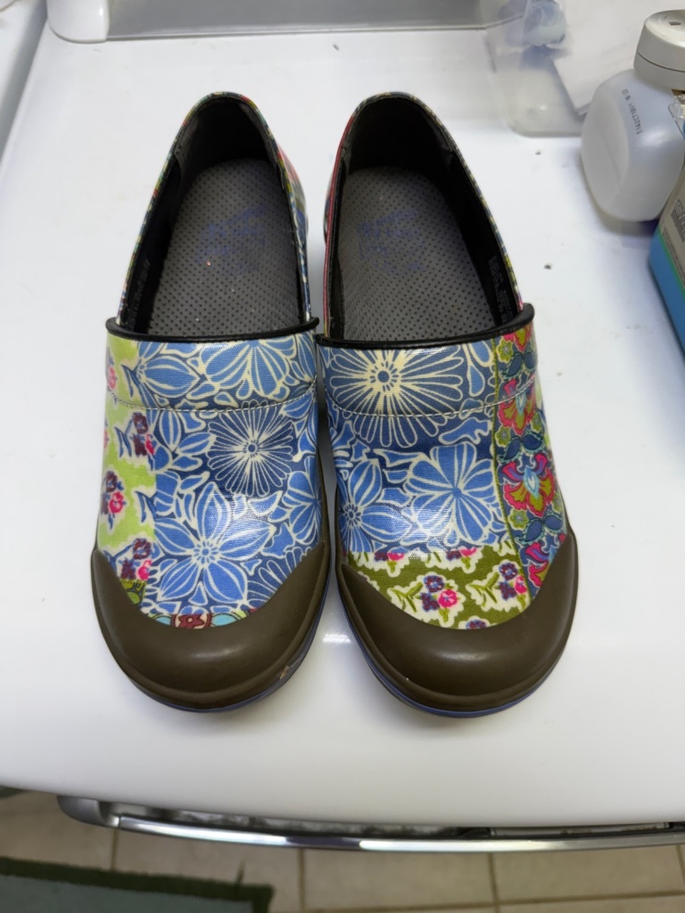 Dansko Floral Slip-Ons in Blue, Olive and Brown